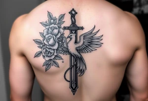 Cross sword darkened in with roses pearls and a phoenix rising from the ashes feminine but powerful the phoenix is not the main attraction the cross is tattoo idea