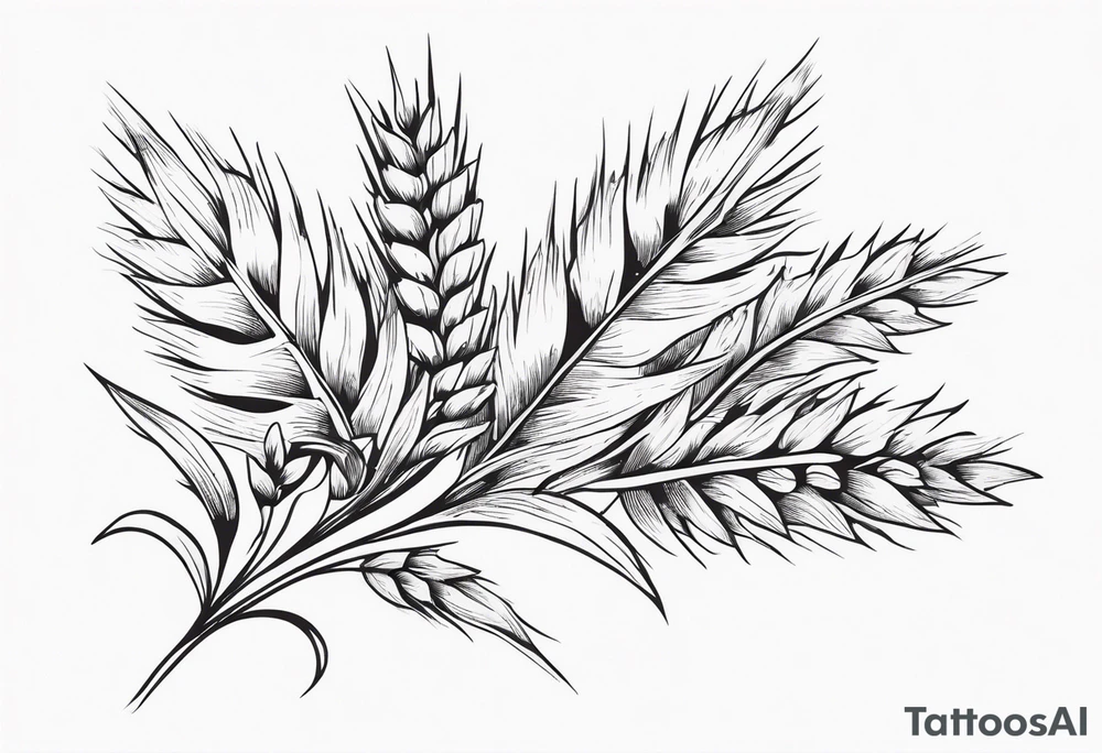 Oak tree leaves with wheat stalks wrapped in a ribbon tattoo idea