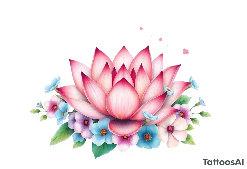 Lotus flower surrounded by forget me nots and peonies tattoo idea