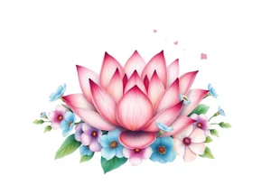 Lotus flower surrounded by forget me nots and peonies tattoo idea