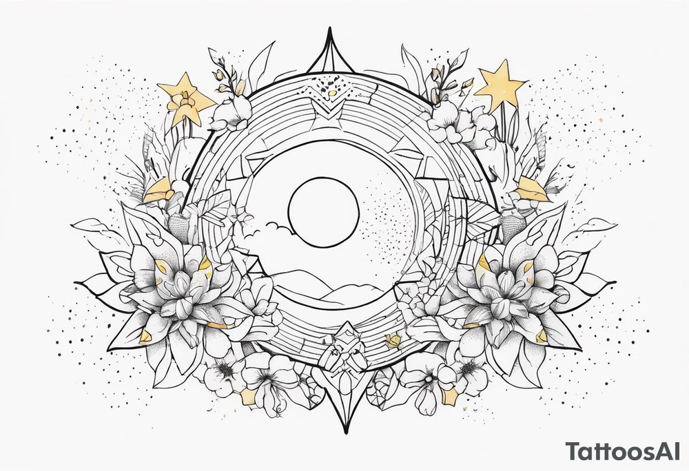 fine line with sun, stars, floral, dots. Sternum tattoo tattoo idea