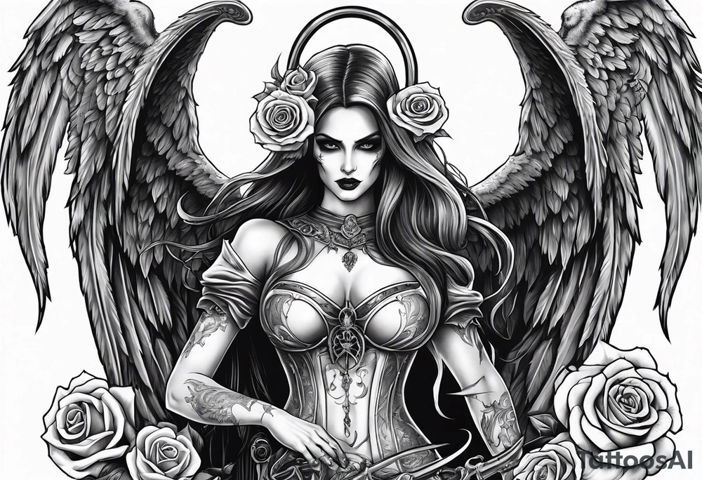 Lady death grim reaper with angel wings, scythe and skulls and roses tattoo idea
