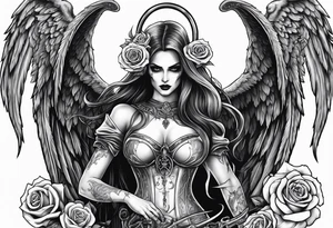 Lady death grim reaper with angel wings, scythe and skulls and roses tattoo idea
