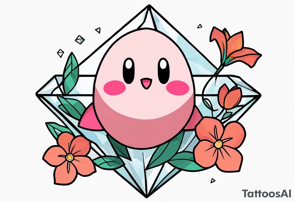 kirby with flowers inside a diamond-shaped crystal tattoo idea