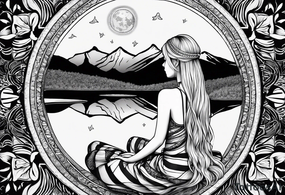 Straight blonde hair girl meditating facing away toward mountains surrounded by mushrooms crescent moon mandala circular design black and white striped dress tattoo idea