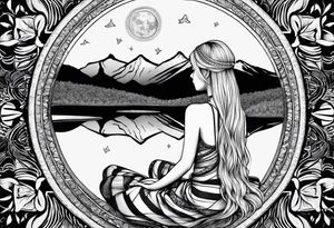 Straight blonde hair girl meditating facing away toward mountains surrounded by mushrooms crescent moon mandala circular design black and white striped dress tattoo idea
