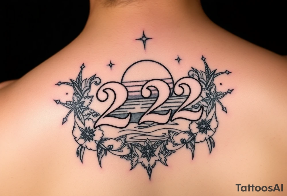 Bold 222 surrounded with sunset and love and stardust and vibration tattoo idea