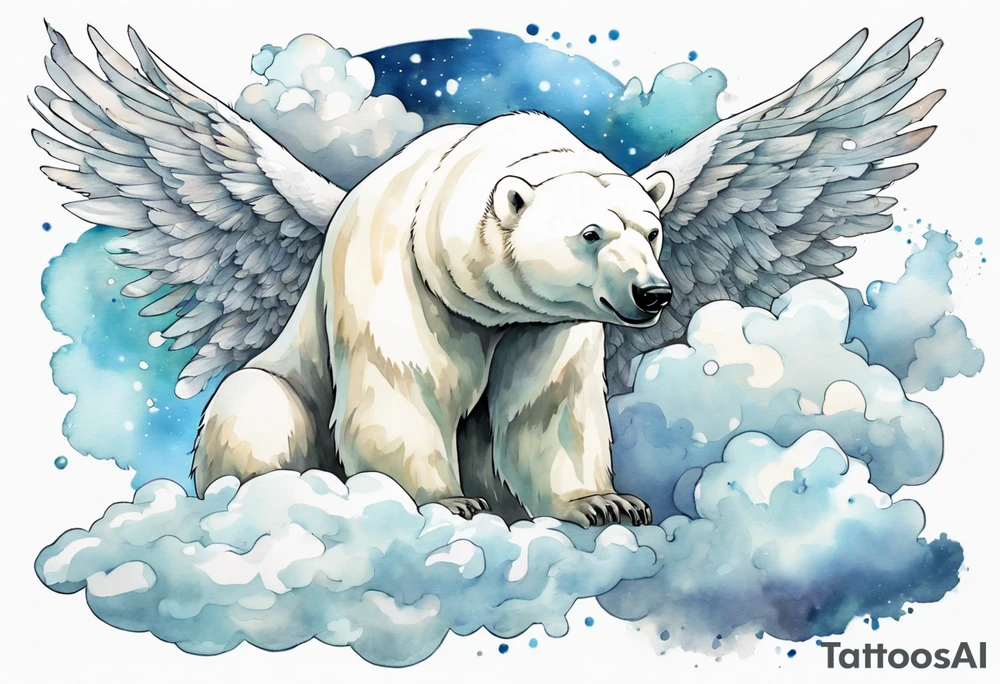 a polar bear with wings surrounded by clouds in the sky tattoo idea