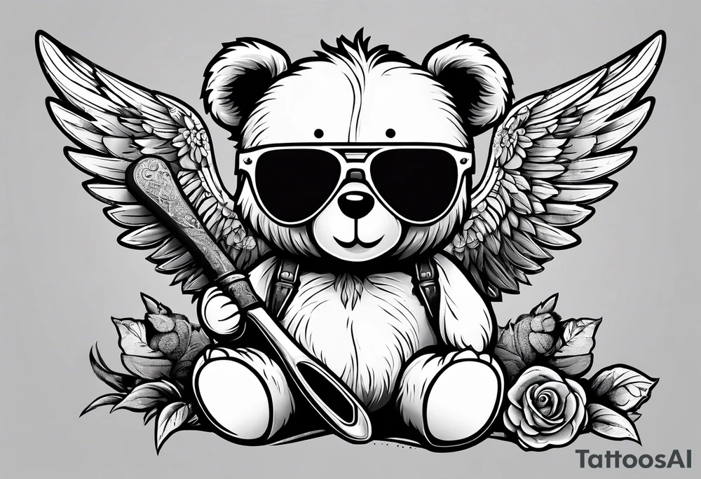 Teddy bear with wings wearing big sunglasses holding a tool tattoo idea