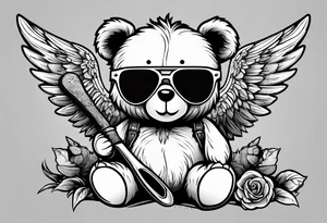 Teddy bear with wings wearing big sunglasses holding a tool tattoo idea