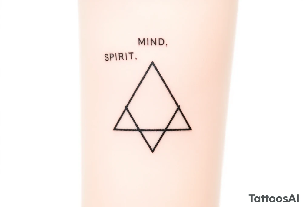 A minimalist tattoo of three interlocking triangles arranged in a way that forms a geometric symbol. Each triangle is thinly outlined and overlaps slightly. Above the design, the words 'SPIRIT,' 'MIND,' and 'BODY' are written in simple font, representing the connection between these three concepts. The tattoo is located on the inner forearm and is drawn in black ink on a light skin tone background. Without text!

Without text!
Without text!
Without text! tattoo idea