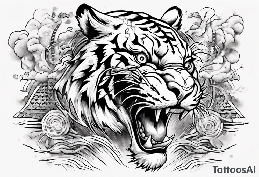 Ancient tiger with lightning and a sun for a forearm sleeve. With patterns surrounding it tattoo idea
