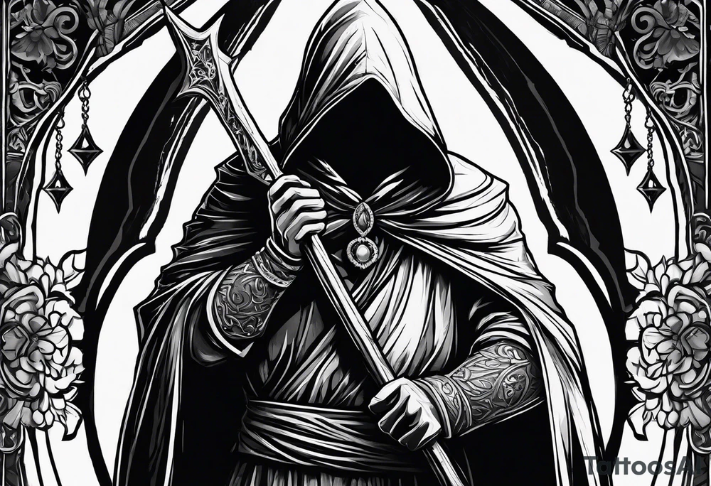 Hooded figure with no face carrying wooden staff with gem on top and wearing a long tattered cloak tattoo idea