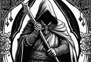 Hooded figure with no face carrying wooden staff with gem on top and wearing a long tattered cloak tattoo idea