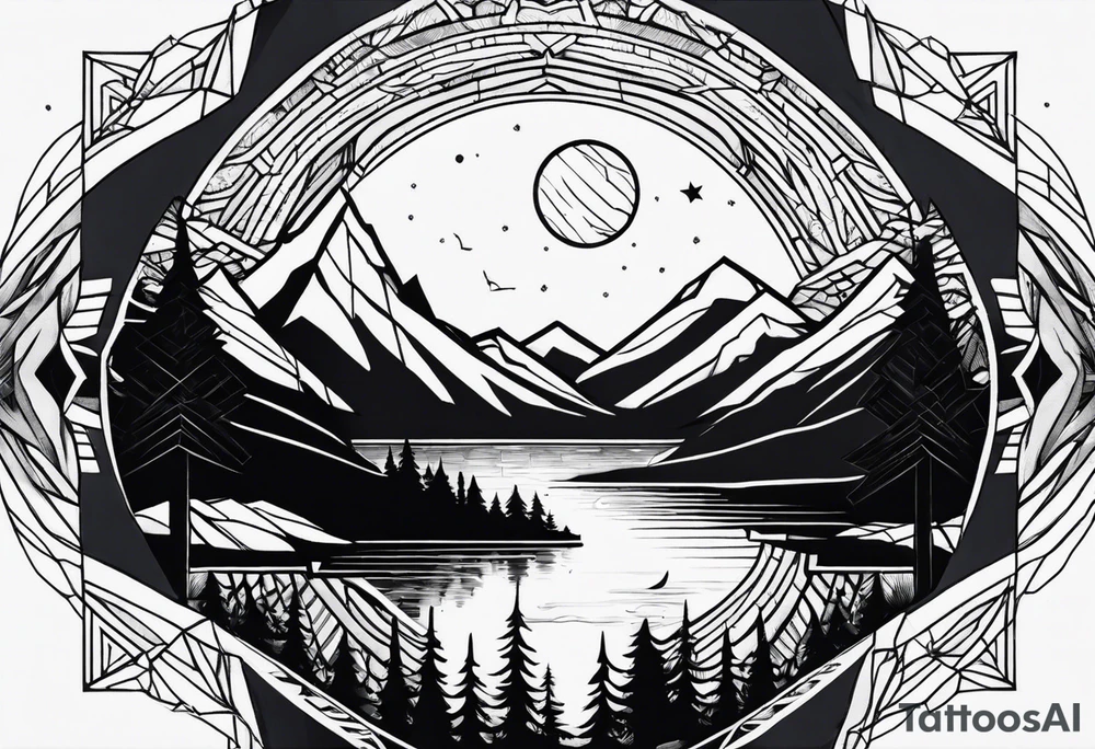 Large forearm geometric nature tattoo with moutains, lake, forest, and a moon. tattoo idea