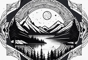 Large forearm geometric nature tattoo with moutains, lake, forest, and a moon. tattoo idea