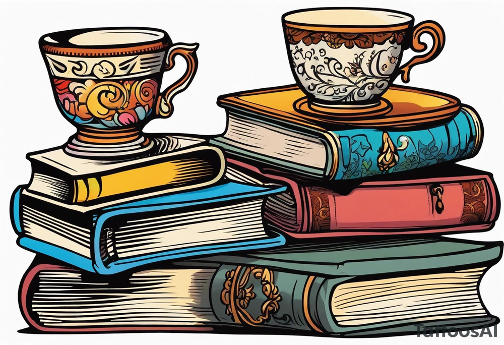 Stack of 3 books with old fashioned leather bindings.  On top of stack is a vintage English tea cup and saucer full of coffe.  Neo American tattoo style tattoo idea