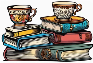 Stack of 3 books with old fashioned leather bindings.  On top of stack is a vintage English tea cup and saucer full of coffe.  Neo American tattoo style tattoo idea