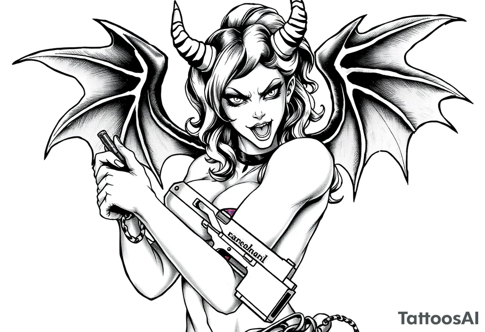 angry succubus holding gun tattoo idea