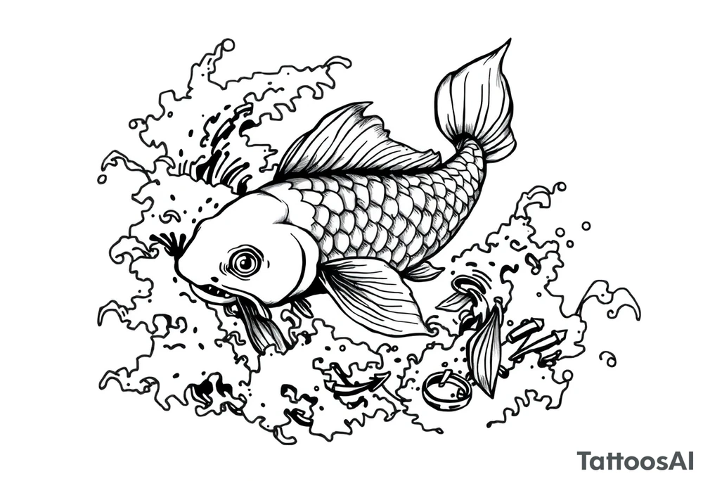 traditional koi fish swimming upstream through turbulent waves tattoo idea
