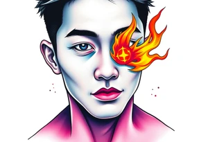 Handsome Asian young guy with a flame eyes tattoo idea