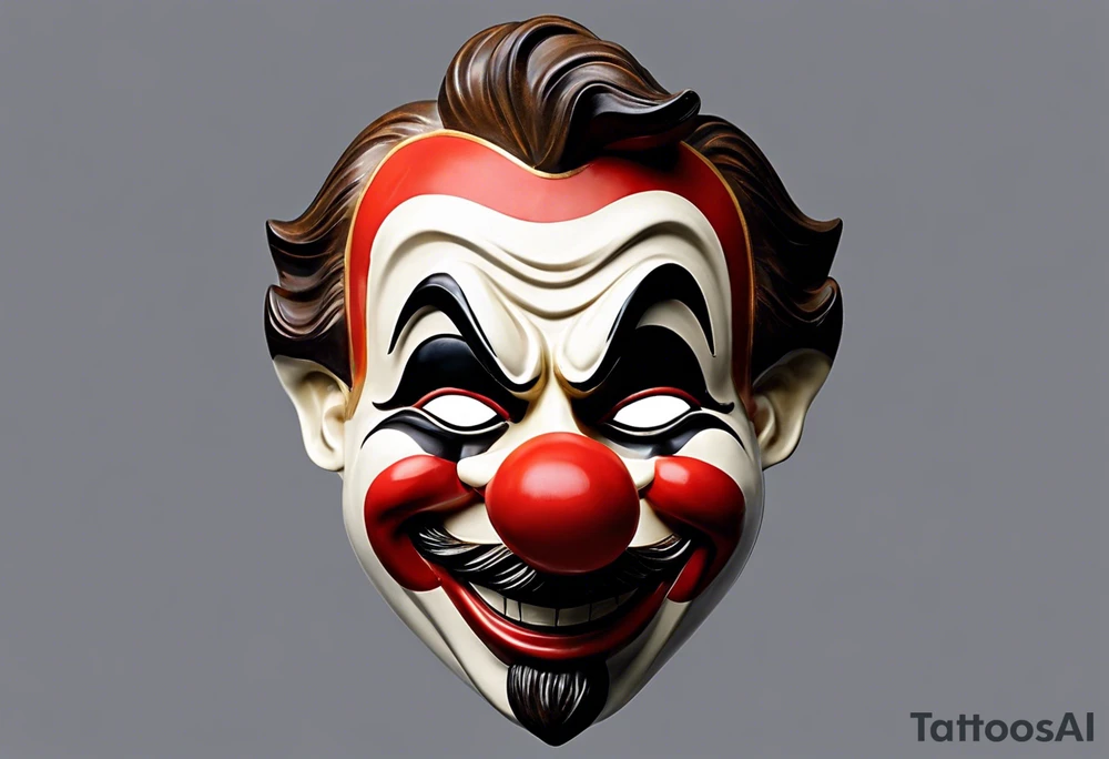 two masks Comedy mask characterized by an exaggerated, happy expression has a smiling face with an upturned mouth, rounded eyes, and a clown nose. Tragedy mask has a somber and serious expression and features a downturned mouth, furrowed brows, and deep-set, intense eyes with a clone nose tattoo idea