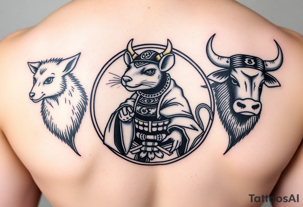 Japanese style tattoo consisting zodiac animals: rat(in the middle) dressed up samurai warrior style with with dog, goat, and ox surrounding the rat dressed up Samurai warrior style all fitting into a round shape without circle outline tattoo idea