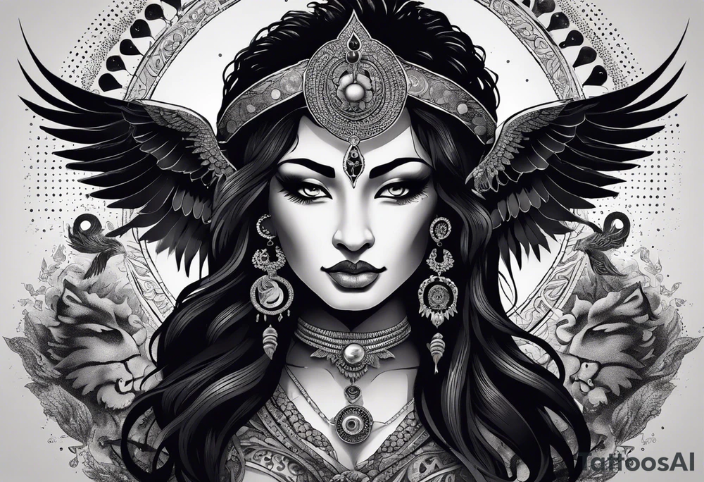 black kali, goddess pirate, alien, angel, pachamama, valkrye, warrior, flying, skull, lotus azul, wing, eagle, zenza resonance, stars, 5D, anahata chakra, death, durga, riding on a tiger, flying lady, kundalini, chest tatoo, samuri, rebel,serpent tattoo idea