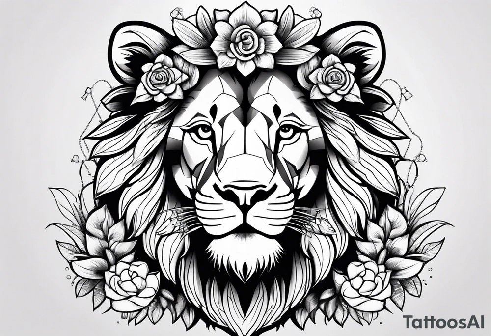 Beautiful lion with necklace and a flower headband tattoo idea