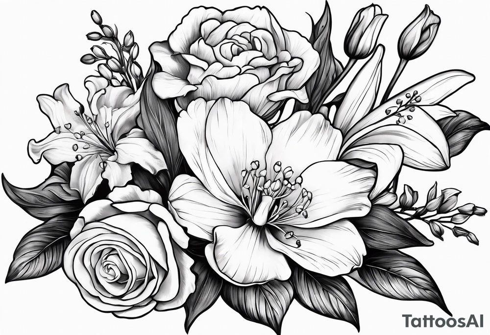 Bouquet 
with 1 snowdrop 2 carnations 1 rose 1 lily of the valley 1 daffodil 1 peony tattoo idea