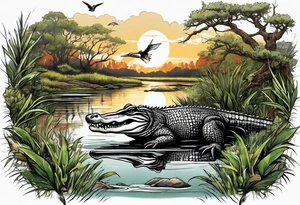 Scene live oak marsh birds alligator tattoo idea