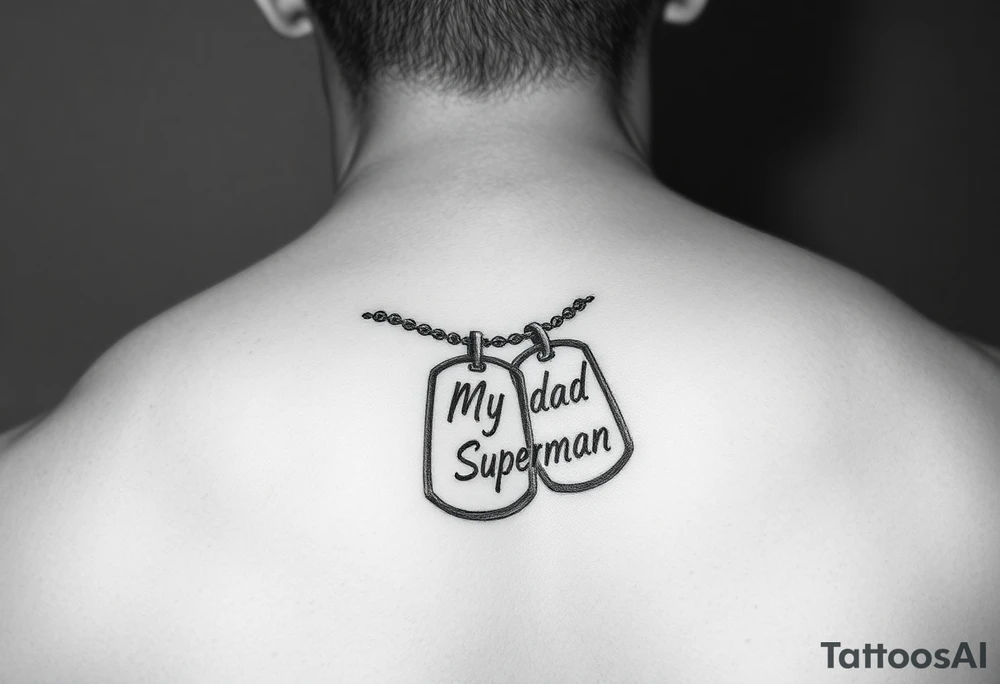 in pencil led draw "Marine soilder, my dad, my superman" inside military dogtags tattoo idea