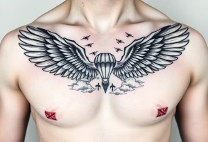 tattoo only  n the left side of the chest, paratrooper wings in the clouds with helicopters and paratroopers tattoo idea