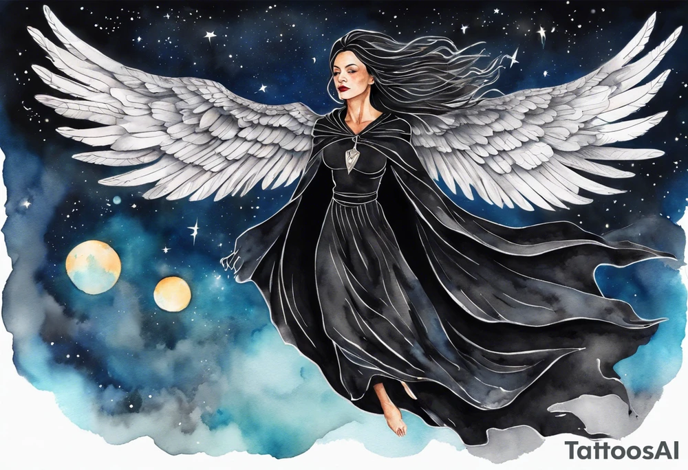 a beautiful 45 year old woman flying in the night sky with black wings, wearing a black cloak and black gloves, bare feet tattoo idea