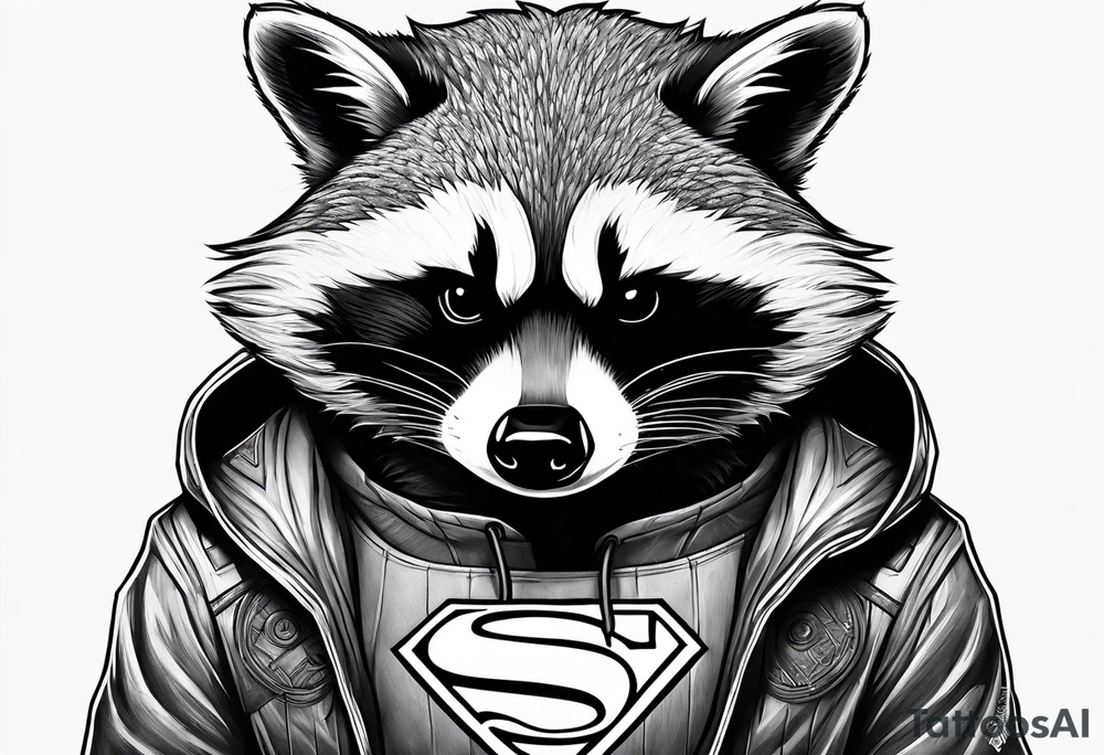 raccoon wearing a Superman hoodie tattoo idea