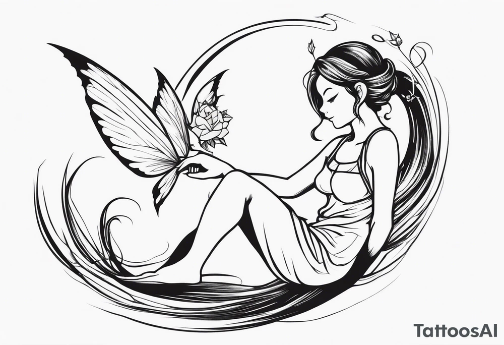 Minimalistic, monochromatic fairy with a tail flying to the left in a fetal position, leaning and looking in the same direction, with visible hands, embodying the 'Fairy Tail' logo aesthetic. tattoo idea