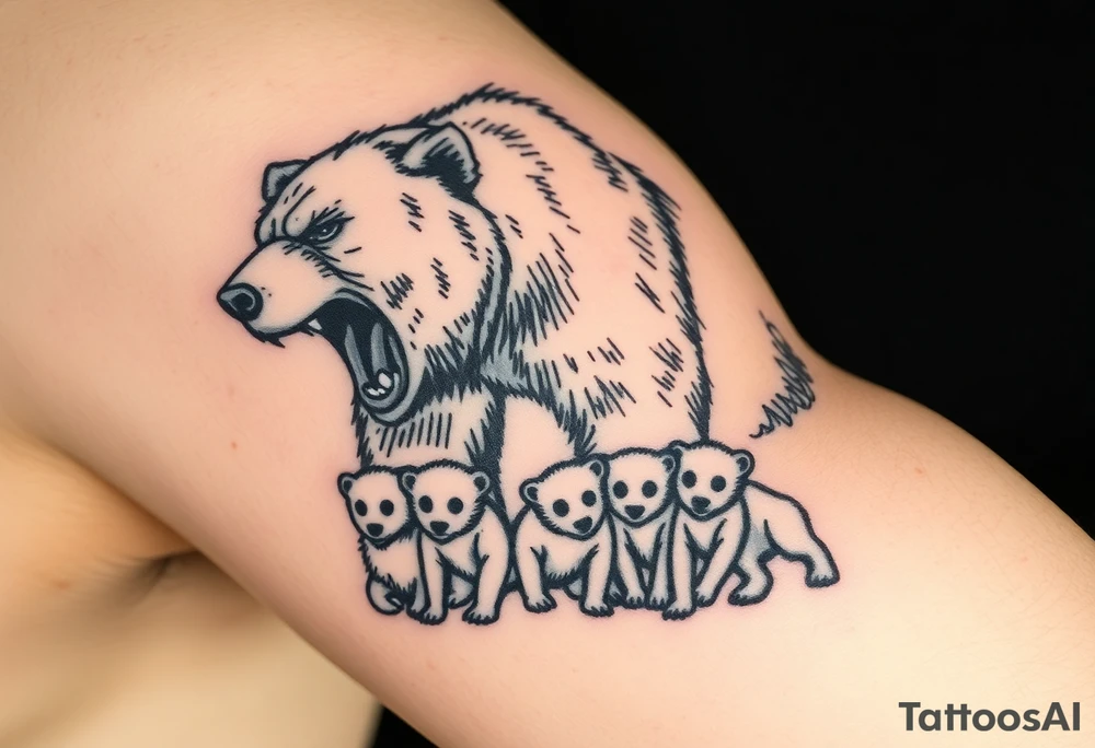 A detailed grizzly bear fiercely growling, looming over 4 cubs 3 girls and a boy. tattoo idea