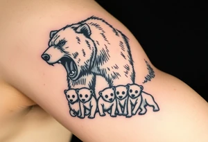 A detailed grizzly bear fiercely growling, looming over 4 cubs 3 girls and a boy. tattoo idea