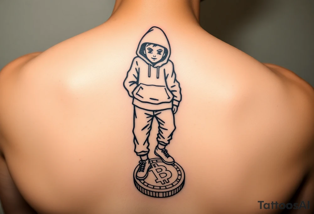 Create a custom neck tattoo stencil Use a street-art / pop-art vibe (cartoon figures, bold lines, “x” for eyes). Have the main character stepping on a bitcoin, make them have on a hoodie and jogger sweatpants tattoo idea