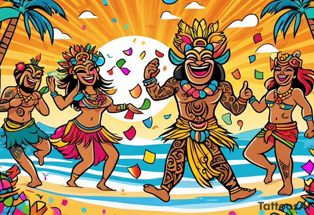 dancing tiki gods dance party on the beach with a sunset in the center of the image with confetti and music notes and tattoo idea