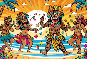 dancing tiki gods dance party on the beach with a sunset in the center of the image with confetti and music notes and tattoo idea
