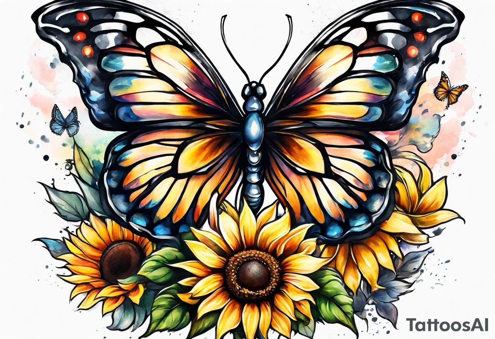 Sleeve with angel wings, sunflower and butterfly tattoo idea