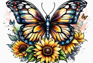 Sleeve with angel wings, sunflower and butterfly tattoo idea