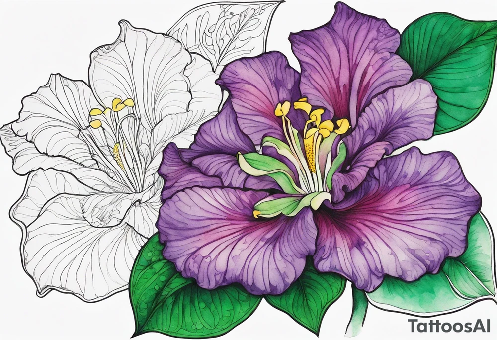 An outline of a green rio dipladenia flower and a green/purple watercolor in the background tattoo idea