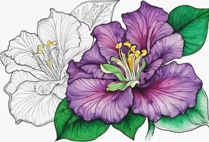 An outline of a green rio dipladenia flower and a green/purple watercolor in the background tattoo idea