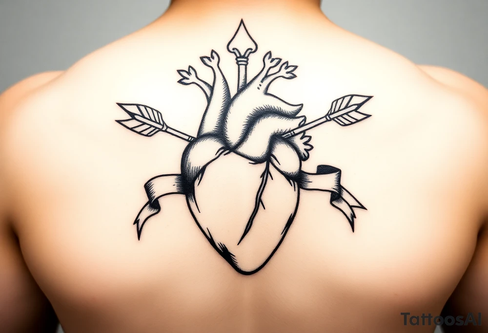 anatomical heart pierced by ornate arrow with flowing ribbons tattoo idea