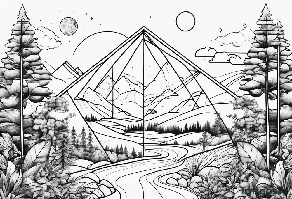 simple thick line art of space and nature in triangle shape tattoo idea