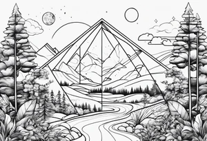 simple thick line art of space and nature in triangle shape tattoo idea