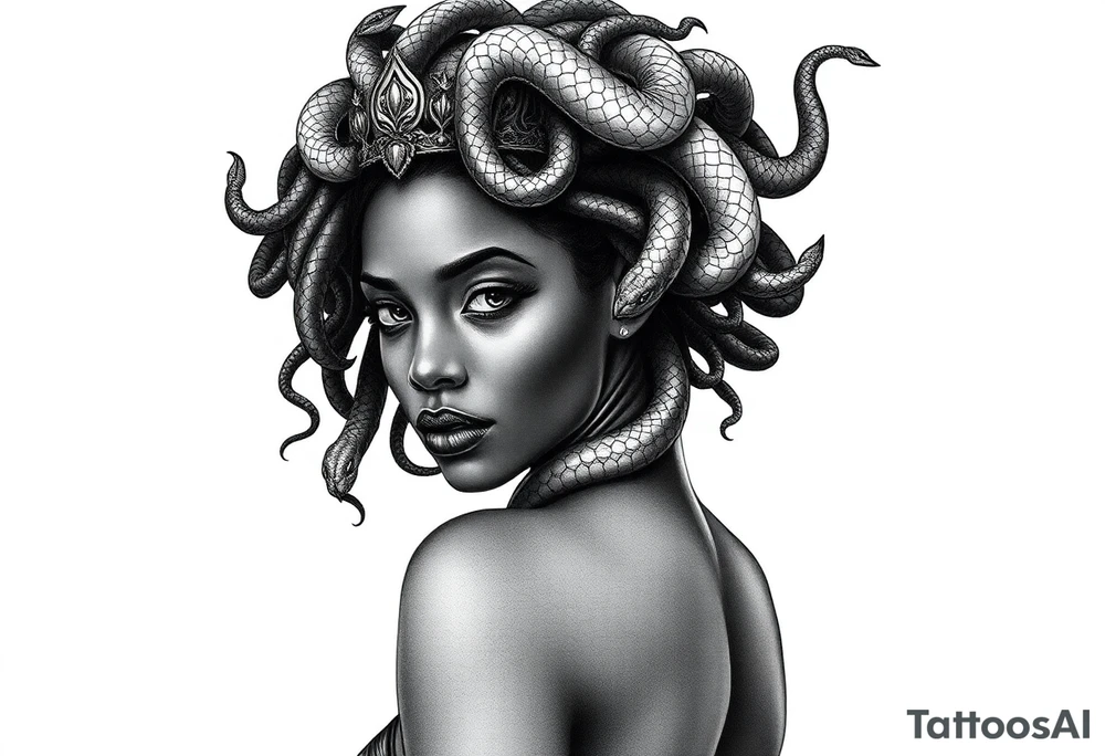 Beautiful Black woman who is looks like Medusa with varied size snakes coming out of her head and wrapping around a crown. She should be positioned as if she’s looking over her right shoulder at the viewer with a seductive but slightly threatening, piercing gaze. One large snake should encircle her and come upwards as if it’s crawling over my right shoulder to make its way down my right arm tattoo idea