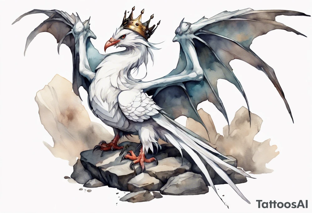 a white bird-wyvern hybrid, wearing a plain iron crown, perched on a stone tattoo idea